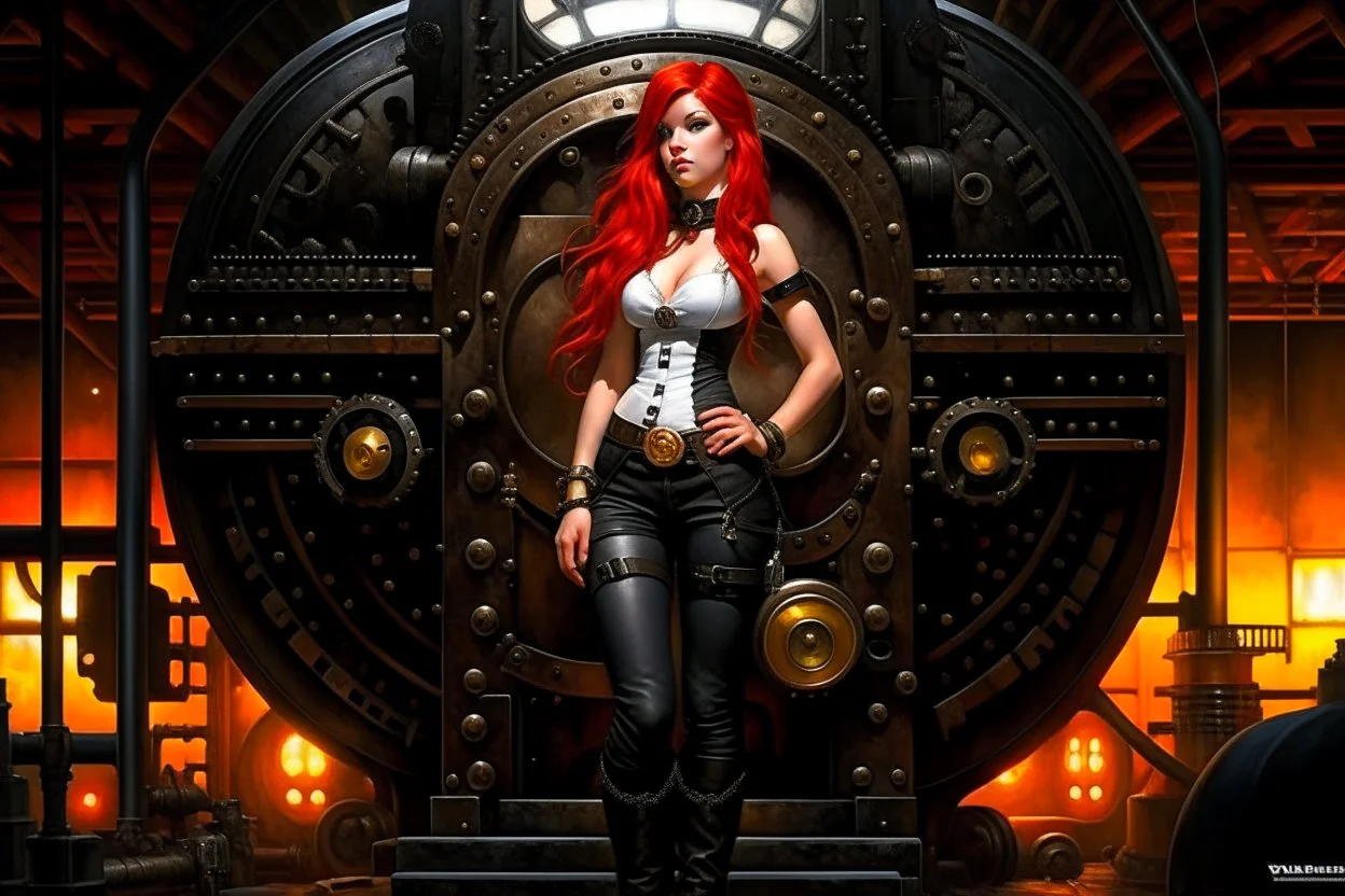 full body and headshot of a skinny young woman, with long straight red hair, standing in a steampunk setting, Frank Franzetta