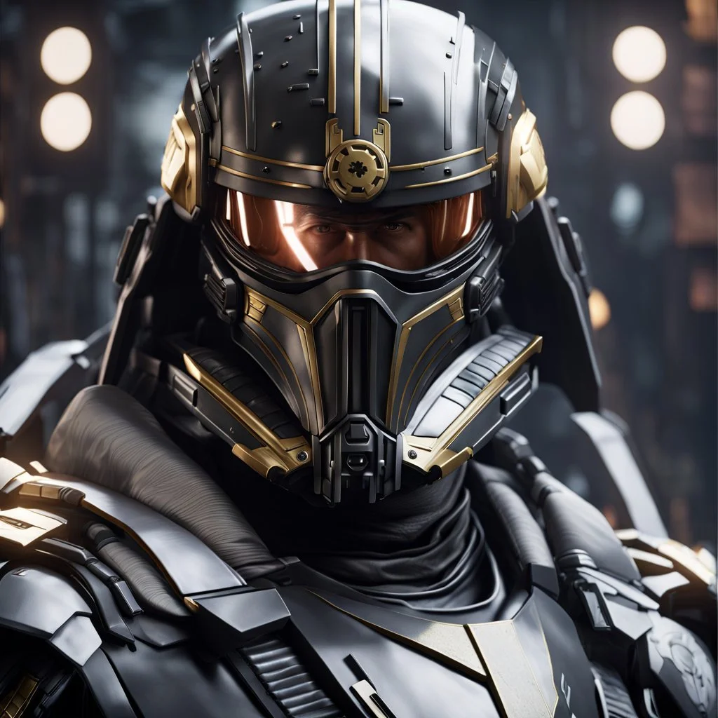 star wars bald male corellian pilot wearing pearlescent black and gunmetal grey First Order special forces heavy assault stealth commando armor and helmet with gold trim inside the jedi temple, hyperdetailed, dynamic lighting, hyperdetailed background, 8k resolution, volumetric lighting, light skin, fully symmetric details