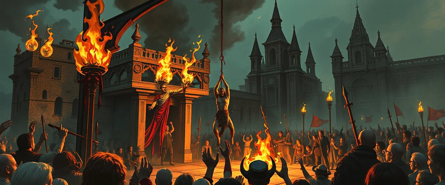 fantasy art, style of Escher , A public execution: The party arrives at a city square just in time to see the Flaming Fist hang a convicted smuggler or cultist. The crowd is loud and bloodthirsty.