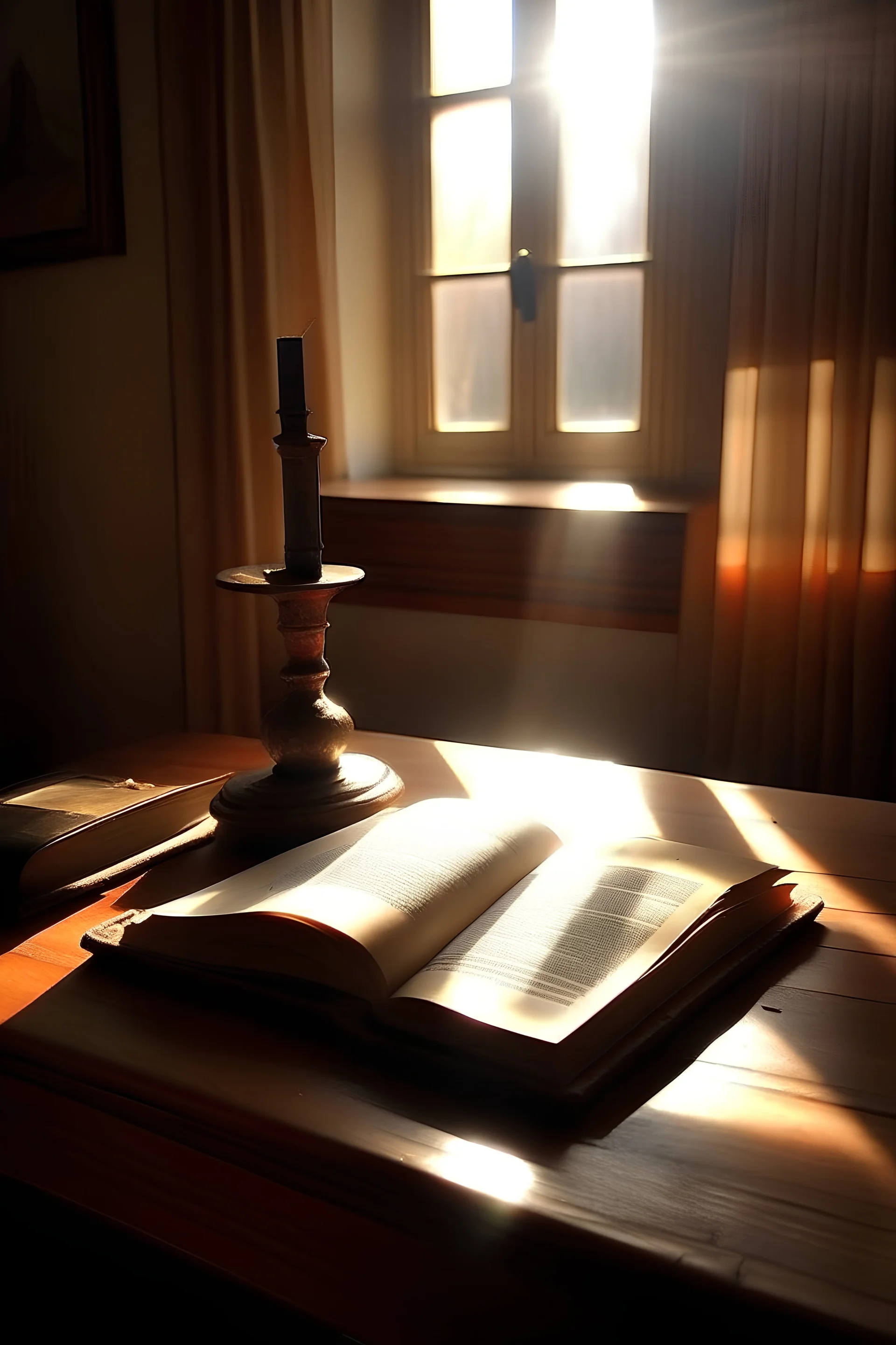 Book, reading table, reading light, pen, bright air, sunlight