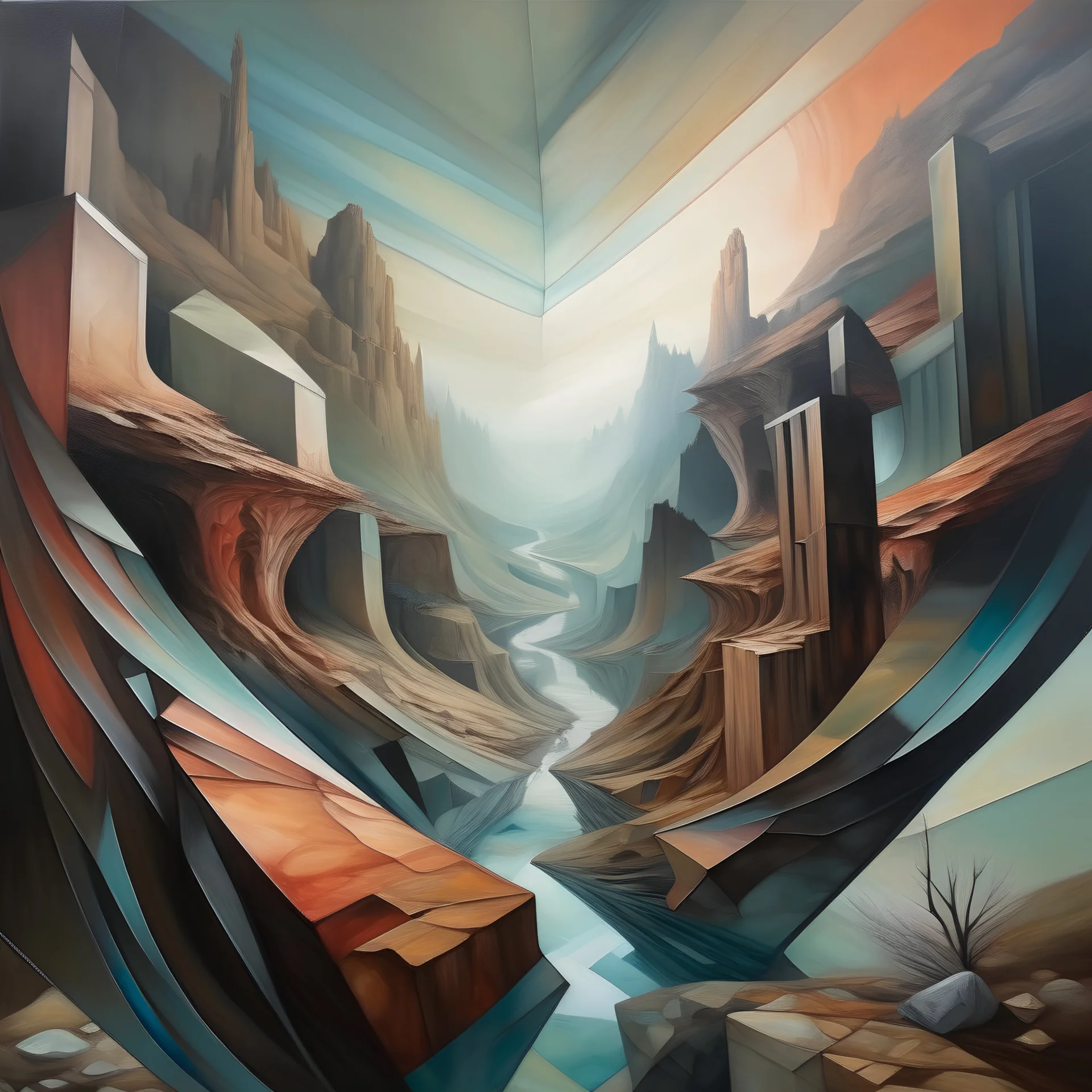 Envision a fractured landscape where perspectives shift and warp, distorting the viewer's sense of space and scale. Unexpected angles and distorted proportions create a sense of disorientation that encourages viewers to linger and explore the surreal landscape.