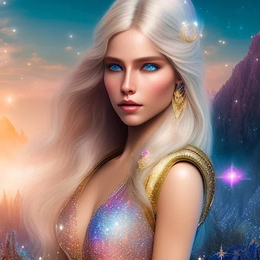  full body white goddess woman glitter smiling long blond hair blue eyes in a galactic ambiance, delicate colors in the foreground, full of details, smooth, light effect，vaporwave colorful, smooth, extremely sharp detail, finely tuned detail, ultra high definition, 8 k, ultra sharp focus