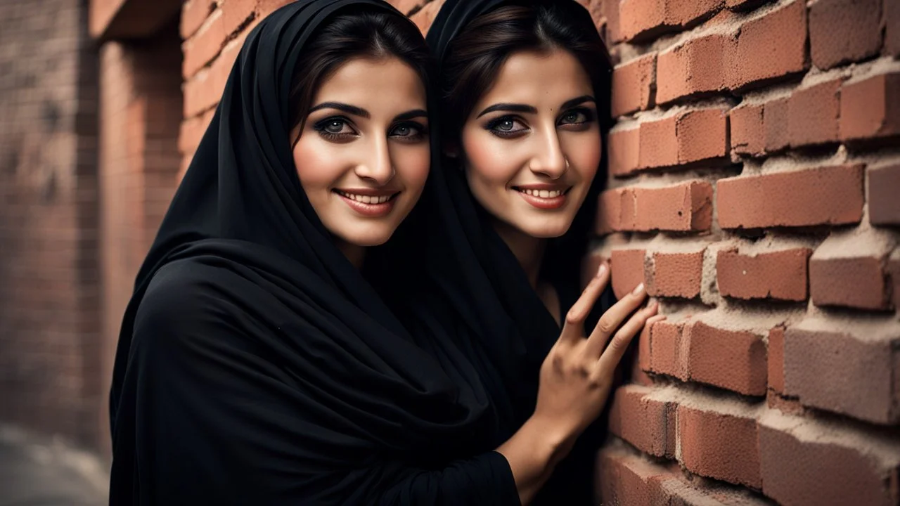 Hyper Realistic Photographic View Of a Beautiful Young Pashto Woman With Beautiful Eyes (& Eye Brows) & Beautiful Hands, & She Wearing Black Dress & Black Dupatta With Her Peeking-Half-Faced From A Brick-Wall Giving Bold Smile & Bold Expressions Putting Her That Hand On That-Brick-Wall At Dark Night Showing Dramatic & Cinematic Ambiance.