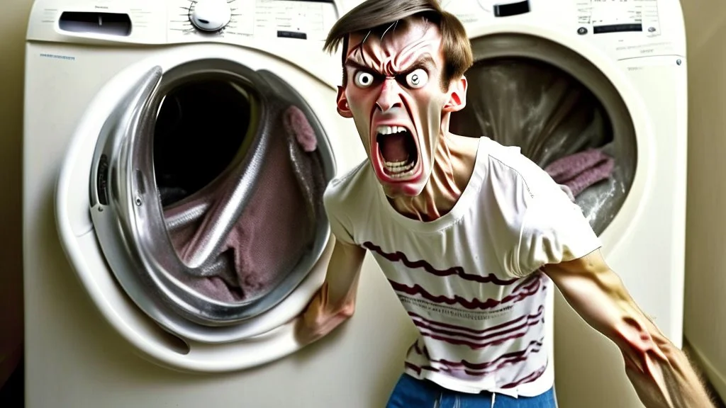 very skinny and lanky young man angry about damaged washer and drier