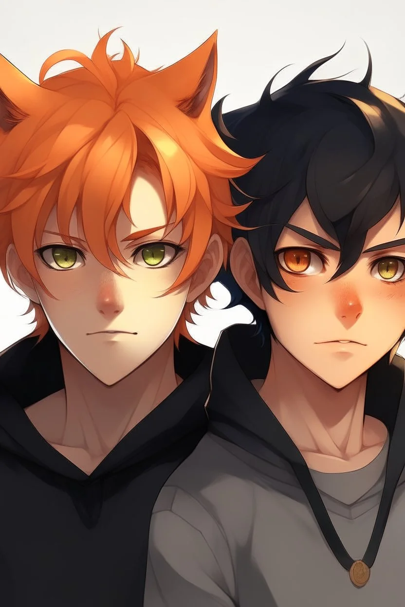 A young adult male human, one black cat ear, one orange cat ear, black and orange messy hair anime realistic