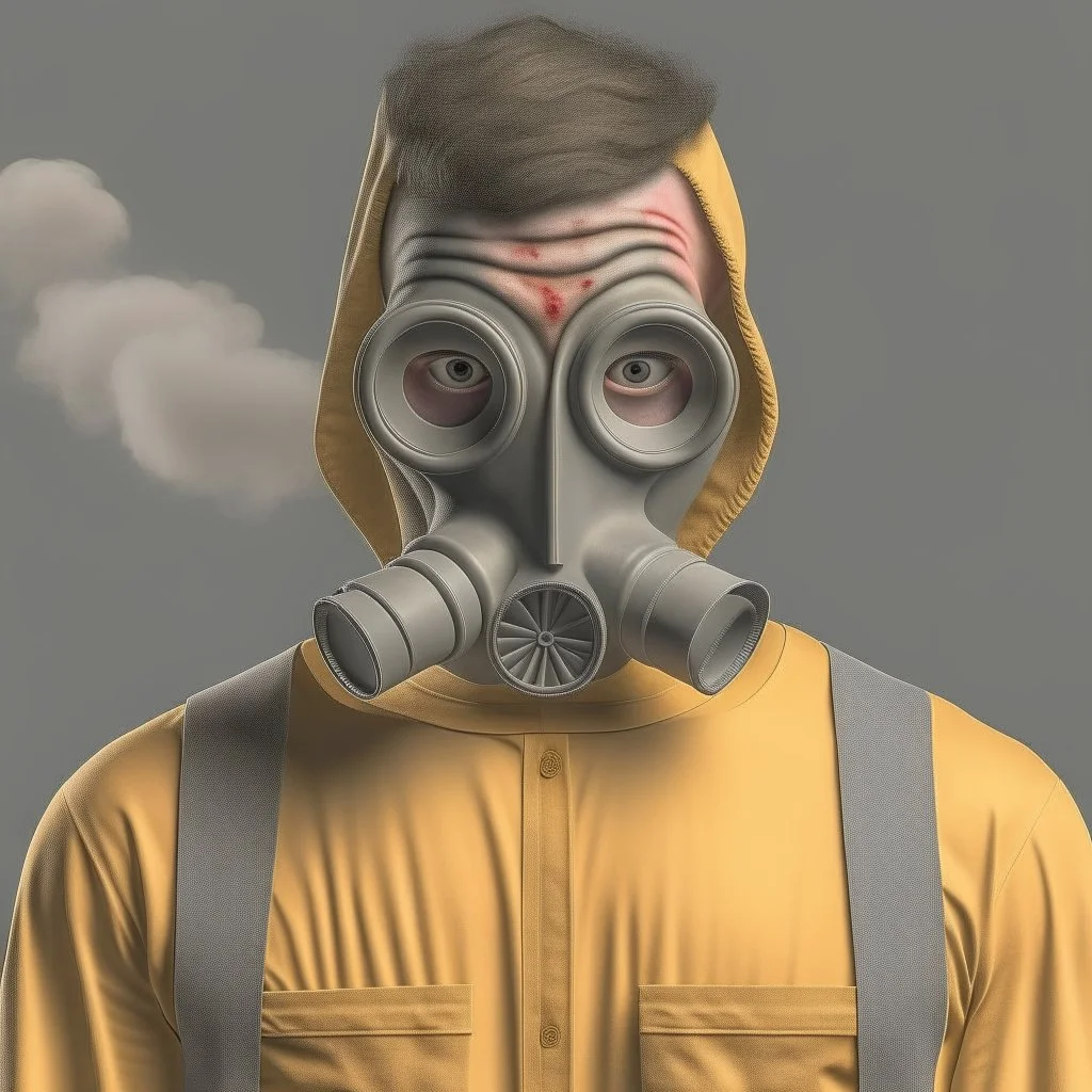 guy in a gas mask taking a mugshot