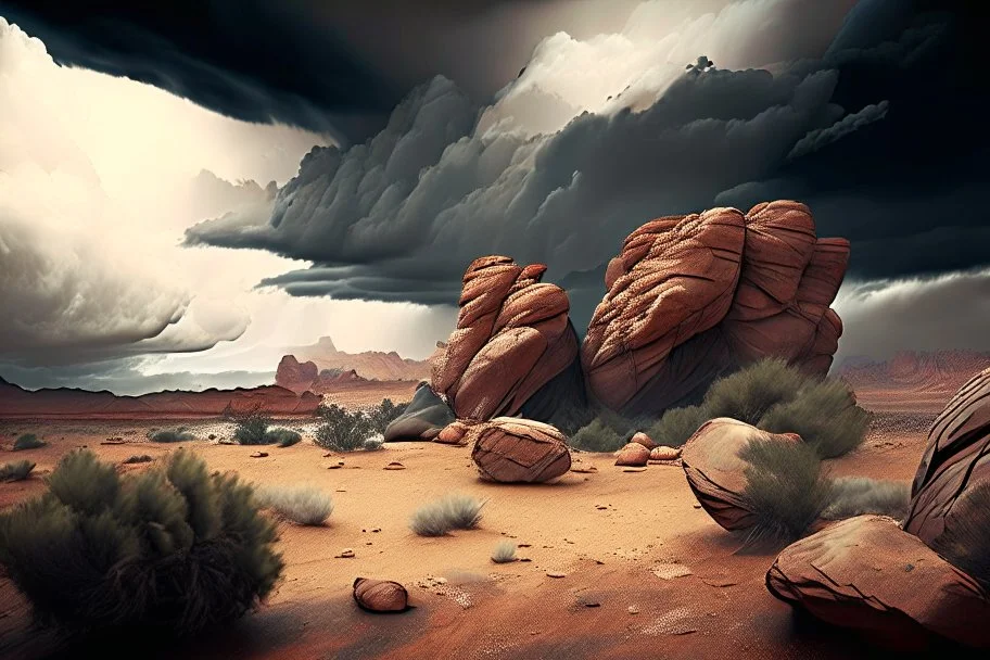 Cloudy day, rocks, arid land, epic