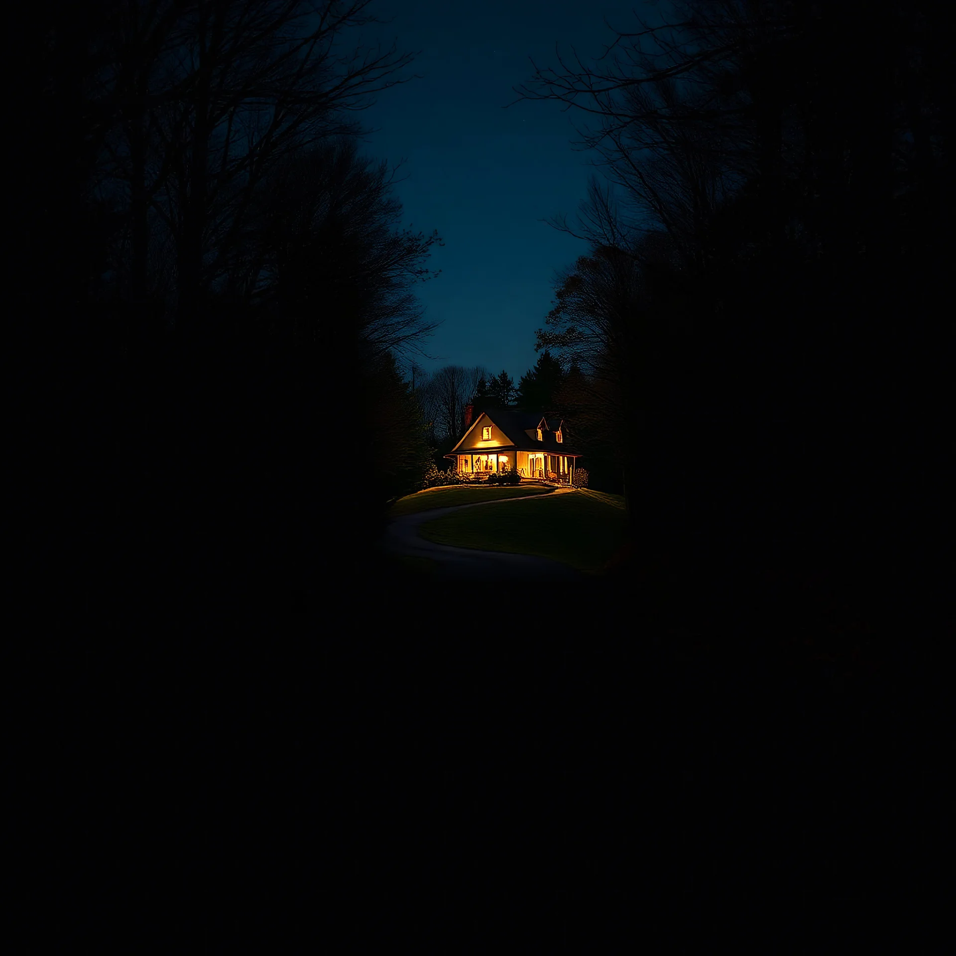 a dark autumn forest, night time ,a long winding road leading up a hill in the distance, with a warm welcoming cottage at the top