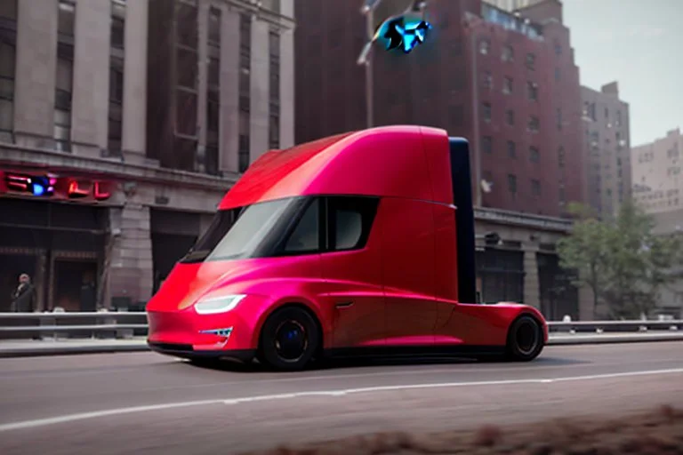 A Tesla 'Semi' (semi truck) is going at a high speed, near the building of the 'Friends' series in New York. (CINEMATIC, WIDE ANGLE LENS, PHOTO REAL)