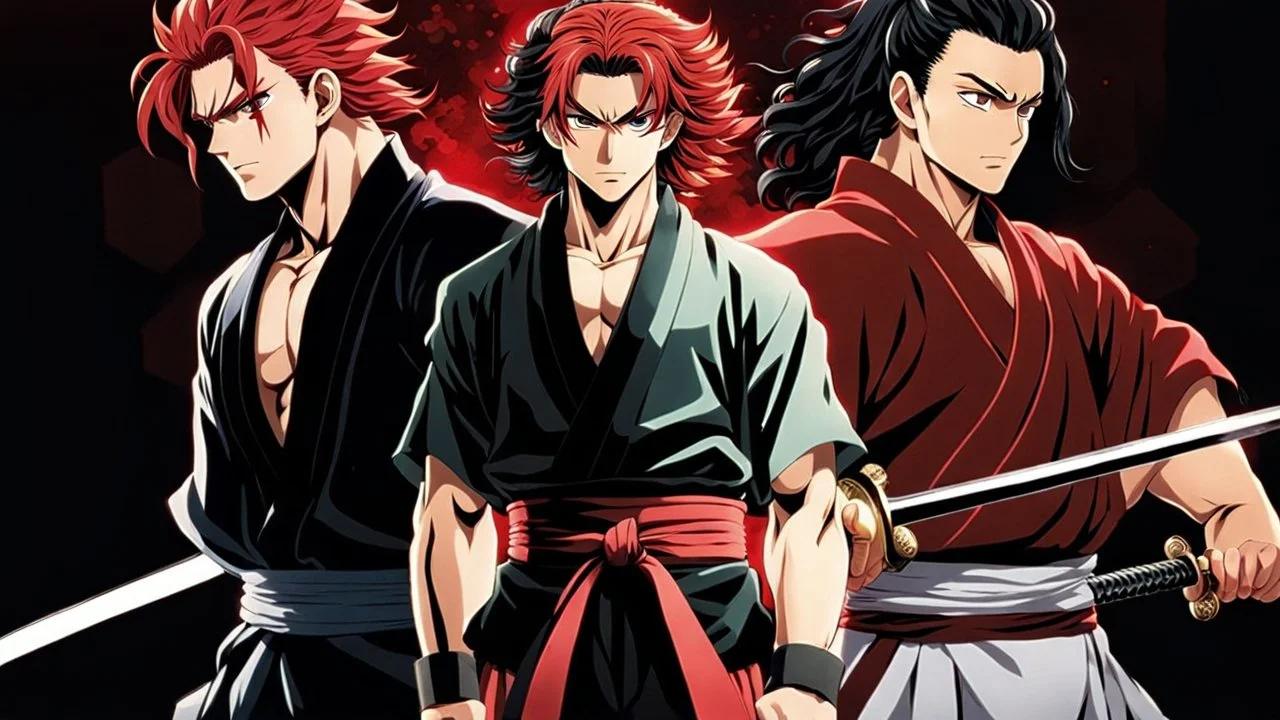 yujiro hanma vs yoriichi tsugukuni, baki vs kimetsu no yaiba, two mans standing in front of each other, a big strong man in black shirt with red hair facing a smaller swordsman with long hair in traditional japanese clothes