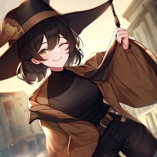 Clear focus, High resolution, short brown spiky hair, hair between eyes, eyes closed, wearing a brown detective hat, wearing a brown jacket and a black shirt, wearing black shorts, 1girl, pulling at down, smiling