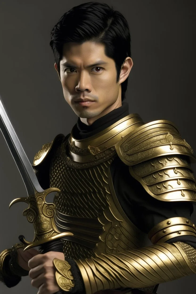 A handsome 30 year old man, black hair, male bob haircut, in black-and-gold plate armor, golden katana in both hands, no beard