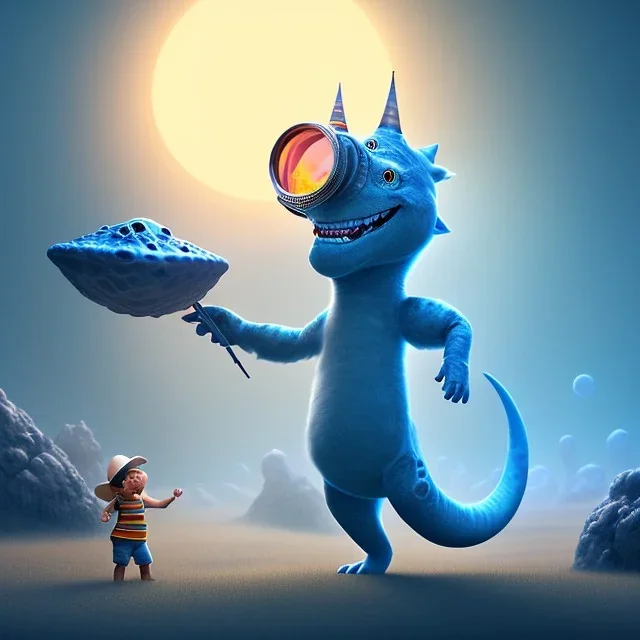 1yo little szymon is on safari onthe moon. petting a blue dinosaur. he has big binoculars and a funny hat. High detailed. Cinematic. Digital painting. Warm lights.