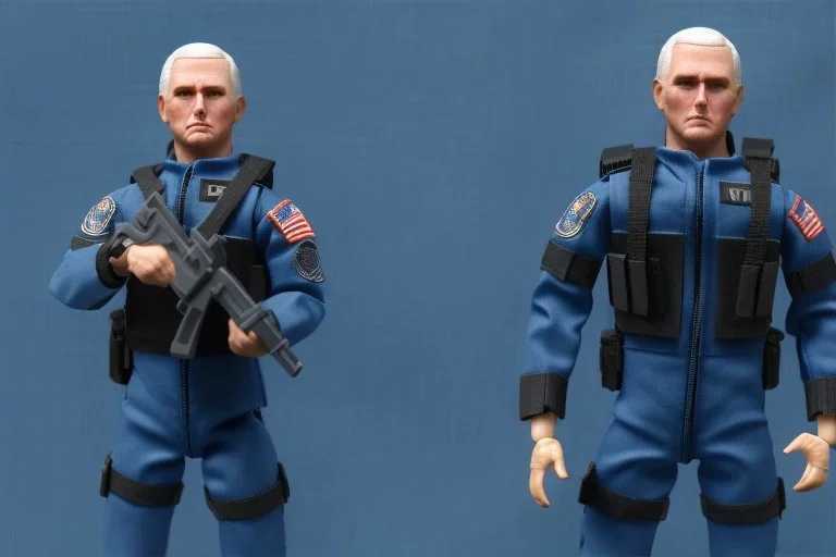 Plastic Mike Pence as G.I. Joe toy Doll figure With a pistol space force Commander Blue fabric uniform, black Moonboot in a clear package