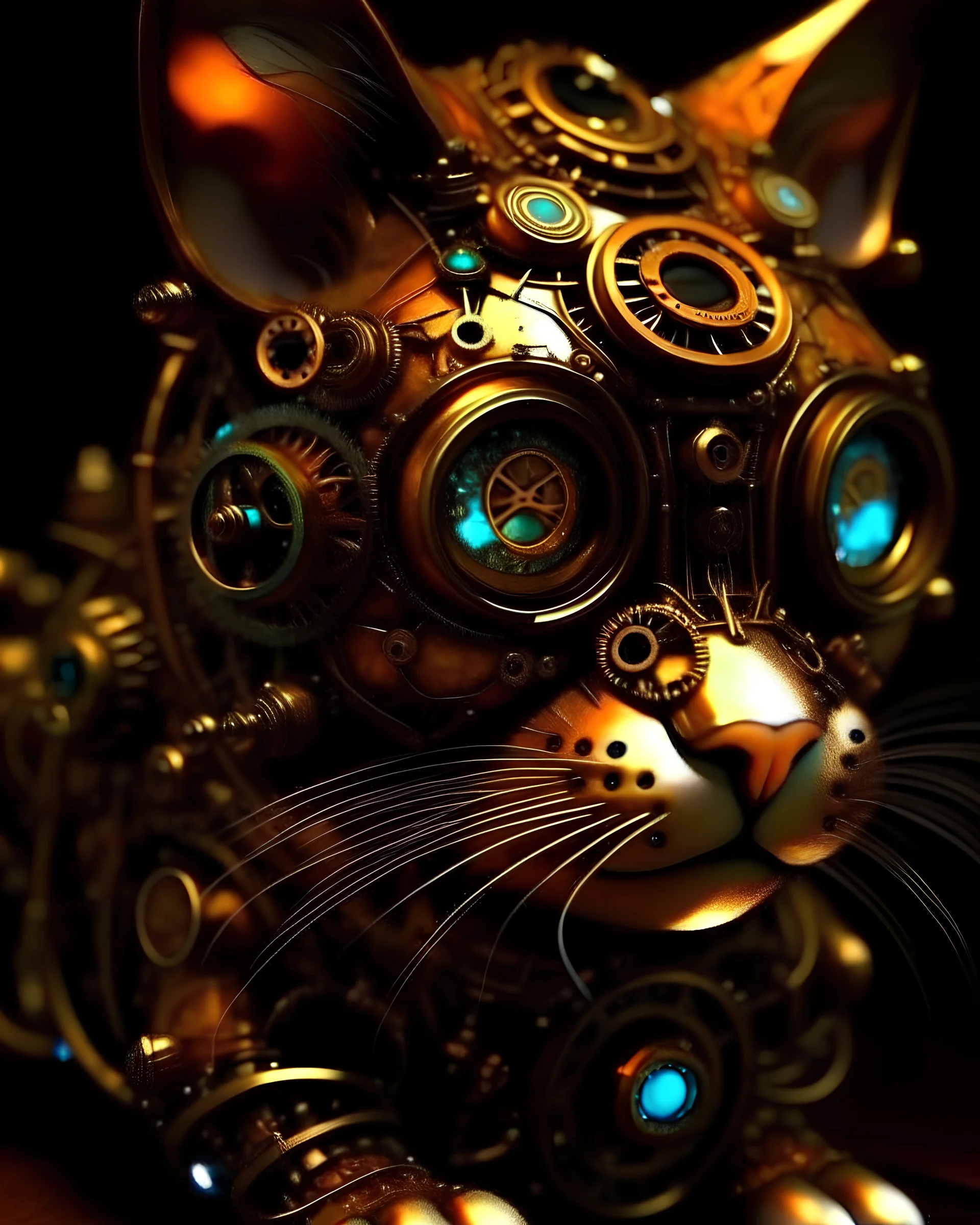 intricate_steampunk_clockwork_solar_eyes<lora:eye:1.0><lora:kitten:1.0>on bioluminescent glow galaxy, explosion of jewels, soft lighting,