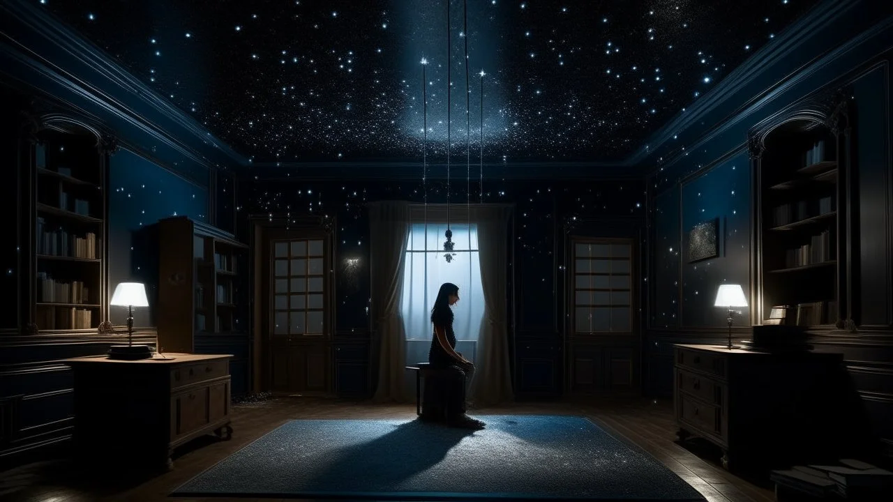 The room is plunged into a bluish gloom, lit only by floating points of light that look like tiny stars suspended in the air. The floor is a perfect mirror, reflecting an endless night sky beneath your feet. In the center, on a black marble table, a woman holds an hourglass that never empties, and beside it, a book closed with a lock that has no key. The walls are adorned with maps of unknown constellations, which seem to move if you look at them for too long.