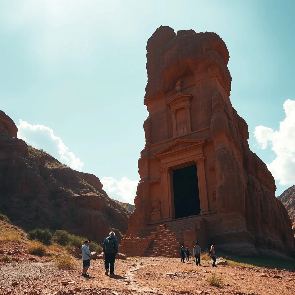 Fotografia di un paesaggio collinare con cielo illiminato da luce meridiana e una costruzione nera alta ricavata su una parete rocciosa rossa. PL'immagine ha un'estetica surreale, in cui i dettagli architettonici e i personaggi contribuiscono a creare un'atmosfera di isolamento. Persone osservano. Il cielo limpido e le nuvole bianche contrastano con lo scenario di rovina in primo piano, accentuando l'atmosfera sospesa e drammatica