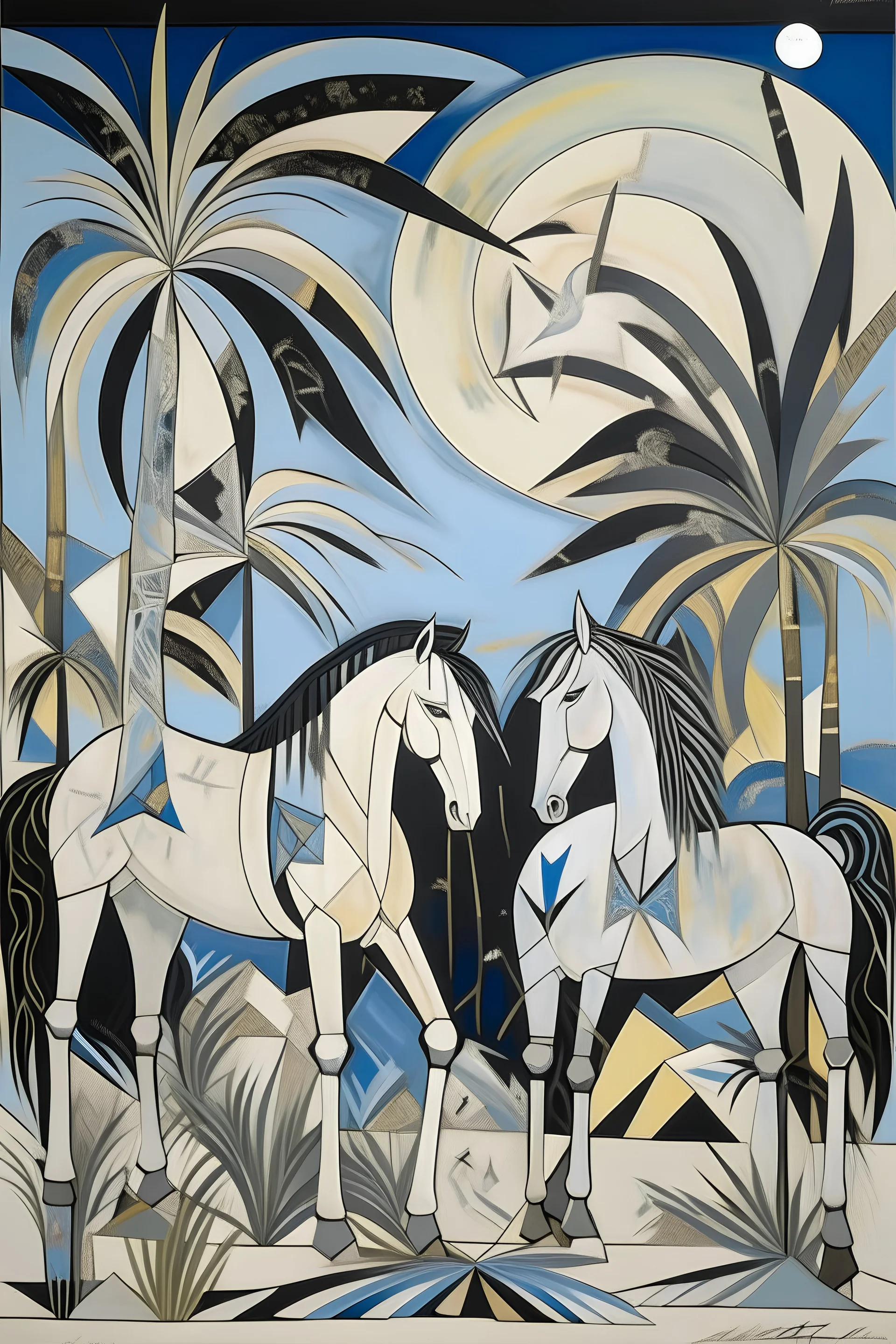 An acrylic painting, like modern art, includes horses in the style of Picasso and Kandinsky, and combines line drawing with modern art. It includes a sky in which the star Sirius and a palm tree appear, and its colors are abstract in shades of grey, beige and black.