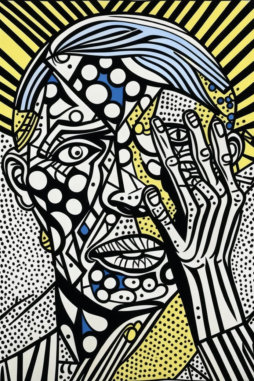 tribal man in grief with hands on face crazy shapes pencil draw style of roy lichtenstein