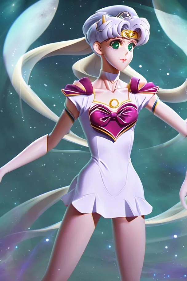 Create a stunning, full body, photorealistic illustration of Sailor Moon's transformation sequence, highlighting her evolution into a beautiful and powerful woman. Ensure that the details, colors, and lighting capture the essence of her character and the magic of the transformation, make no distortion, no deform of any body, no ugly face and eyes, lips, make sure its full body frame,