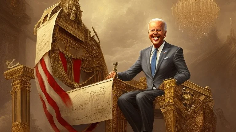 Joe Biden sitting on a throne of classified documents laughing in a menacing demeanor.”