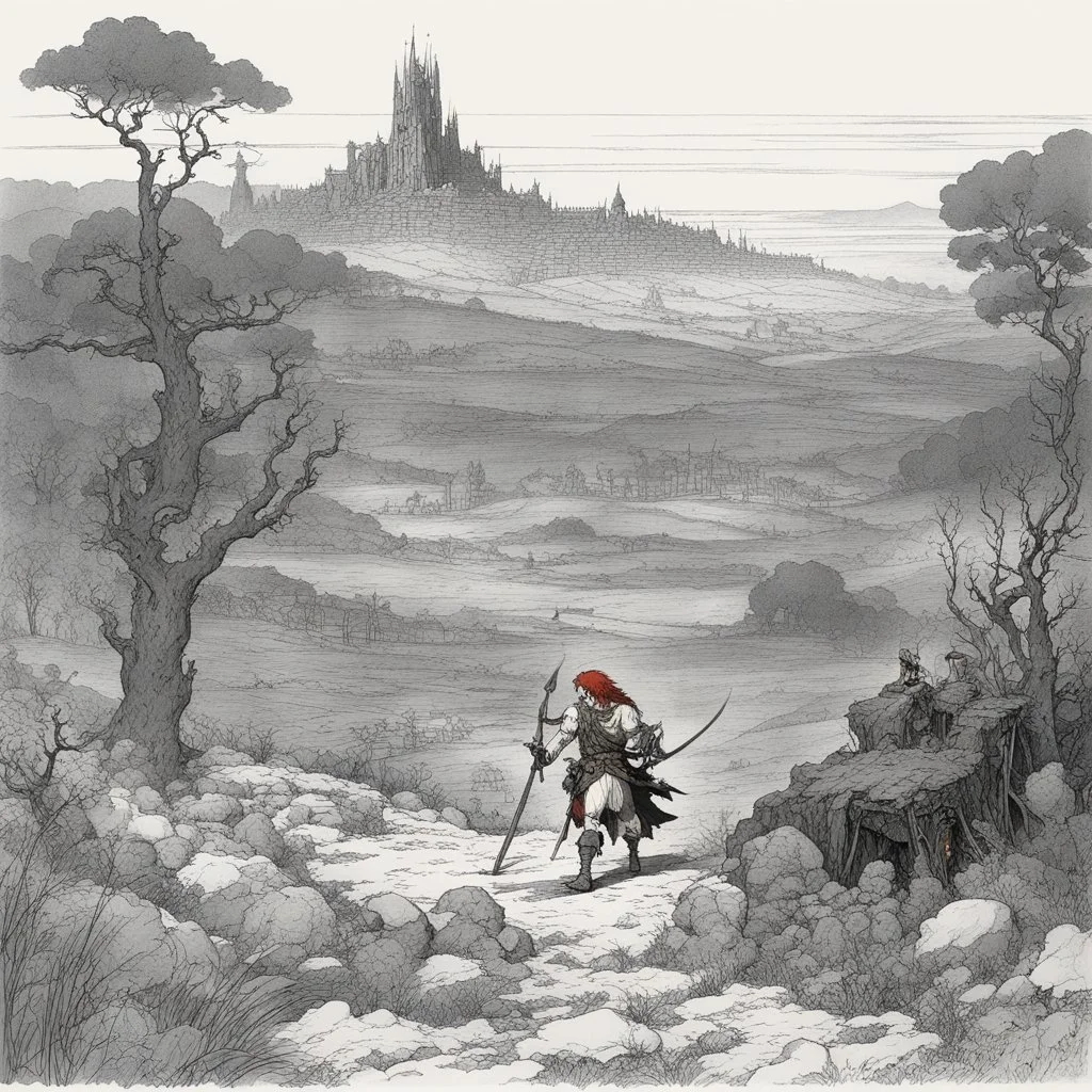 [art by W. Heath Robinson] once a flourishing field, now reduced to burned ruins, fumes of death hung heavy in the air. Amidst the devastation, an enraged redhead Barbarian, a towering figure of wrath and fury, thundered across the desolate landscape. His eyes blazed with a primal rage as he sprinted towards a lone white paladin, clad in chrome steel plate armor, a beacon of light amidst the darkness. The Barbarian faces the paladin.