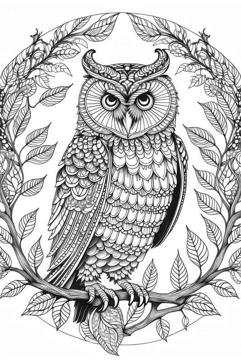 a wise owl in a charming European woodland, clean line art, monochrome, for kids coloring book, white background