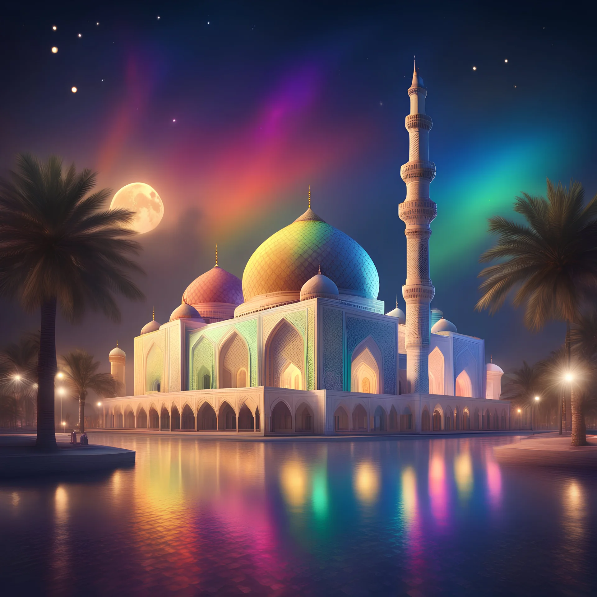 Hyper Realistic rainbow textured Mosque at beautiful night