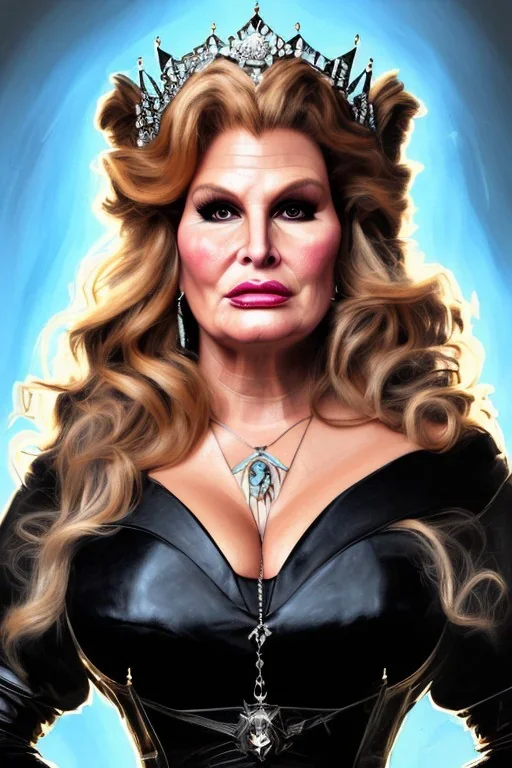 painting of jennifer coolidge as evil queen in black leather, feminie, angry, stern look on her face, volouptous, busty, cleavage, emperious, mature, highly detailed, digital painting, artstation, concept art, smooth, sharp focus, illustration, art by gaston bussiere and alphonse mucha