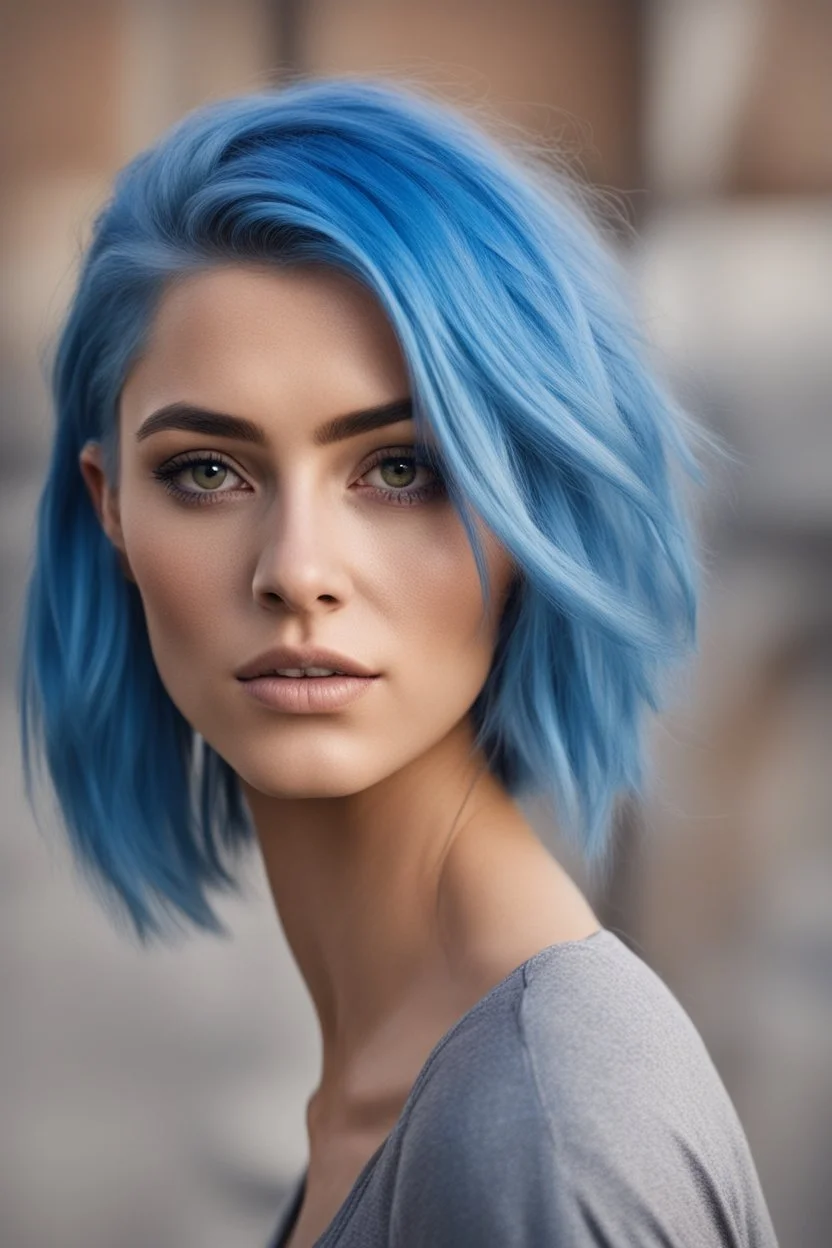 Blue hair, brown eye, woman, attractive, athletic build