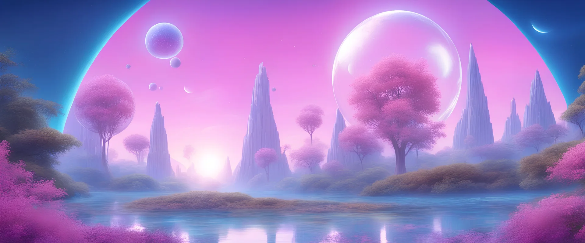 futuristic landscape, uninhabited planet, shiny transparent domes, several suns, magnificent blue light, magnificent trees and nature, blue river and pink flowers over there with many stars bright, spatial vessel in the blue sky