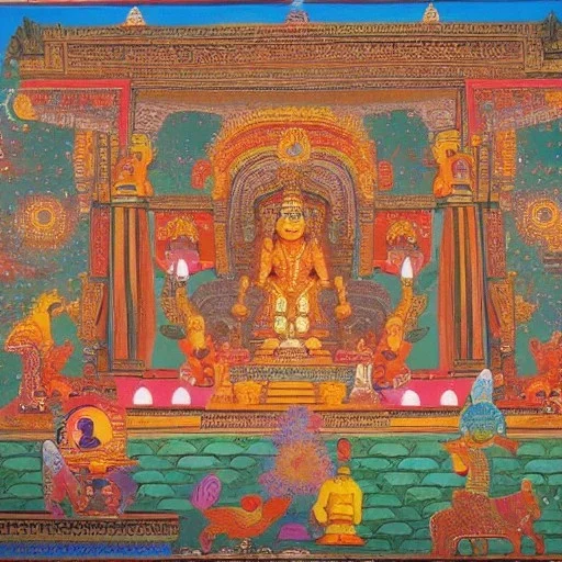 spiritual consciousness of Indian temple architecture in Tibetian painting style surrounded by mystical creatures performing water ritual