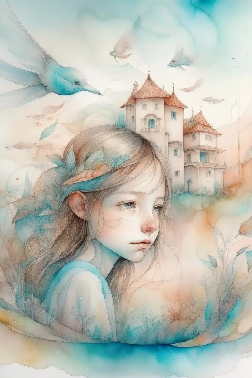 The place where the Dream and its followers live. Watercolor, fine drawing, beautiful children portret, pixel graphics, lots of details, pastel aqua colors, delicate sensuality, realistic, high quality, work of art, hyperdetalization, professional, filigree, hazy haze, hyperrealism, professional, transparent, delicate pastel tones, back lighting, contrast, fantastic, nature+space, Milky Way, fabulous, unreal, translucent, glowing