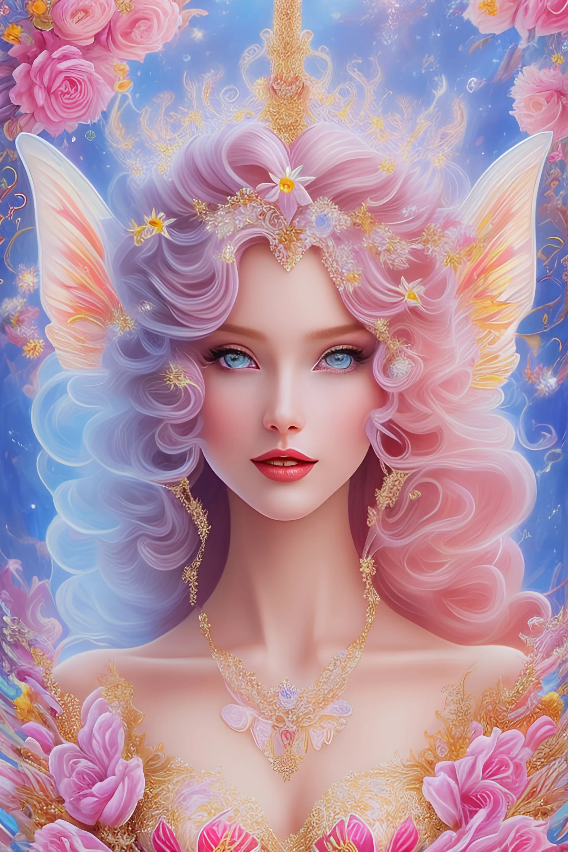 Magnifique woman, lady fairy, facing happy, voluptuous white, pink enchanted flowers, wings magic, long big dress, pink outerspace stars planets, Beautyful smiling, young woman, long hair amazing blue eyes, flowers, happy cosmic, bright colors, blue, pink, gold, jewels, realistic, photo real, clear sunny background, highly detailed, high contrast, 8k high definition, unreal engine 5, extremely sharp detail, light effect, sunny light background