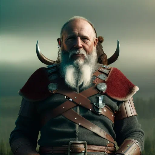 Viking theme, a younger woman sitting next to a 50-year-old man, portrait, 8K, close-up face, anatomically perfect face, Highly detailed stunning full frame portrait, misty and cloudy atmosphere