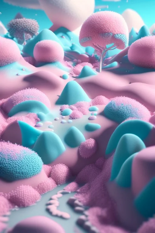 detailed peaceful landscape made of cake frosting, cotton candy, ice cream, strong texture, extreme detail, octane render