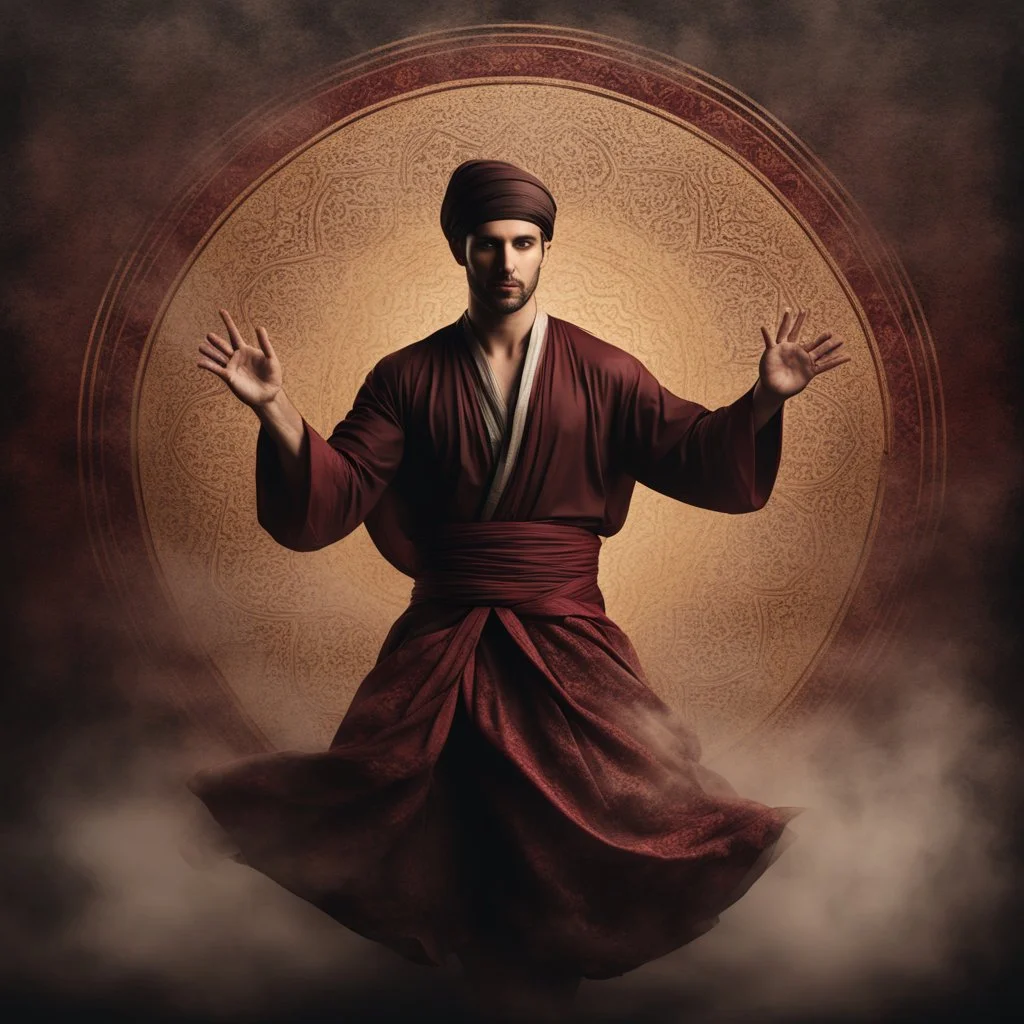 Hyper Realistic young handsome muscular Sufi Whirling with brown & Maroon, Islamic Sufi Rustic Grungy golden Patterned-Background at night with black fog