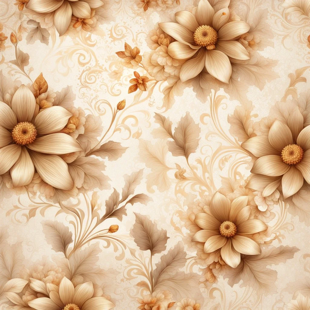 Hyper Realistic Beige Multicolored-Floral-Patterns With Glowing Golden Embers On Off-White Grungy Background.