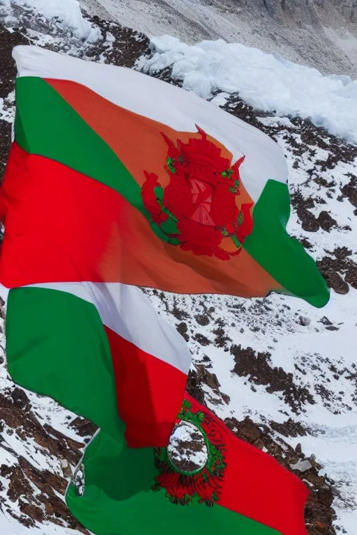 a hungarian flag (red-white-green) on the summit of mount everest by Jean Baptiste Monge in sunshine