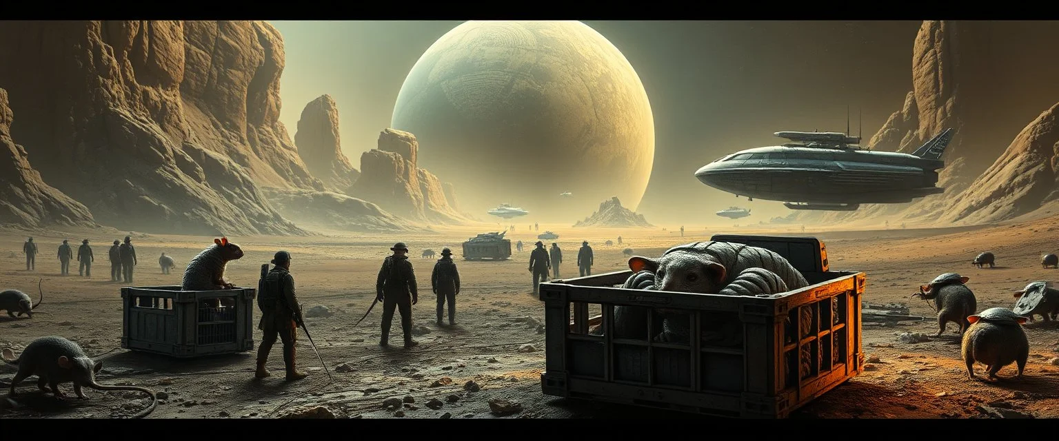 10️⃣ Mission Success / Final Scene "Wide alien landscape with two landed ships. Giant mummy rat observes scene from crate, curious and clever. Crew interacts with cautious but friendly alien inhabitants. Caged rat and stasis rat visible in secure areas. Mood: accomplishment, quiet wonder. Dramatic cinematic lighting, Rembrandt-inspired shadows, expressive rat features, focus on intelligent eyes and dynamic posture."