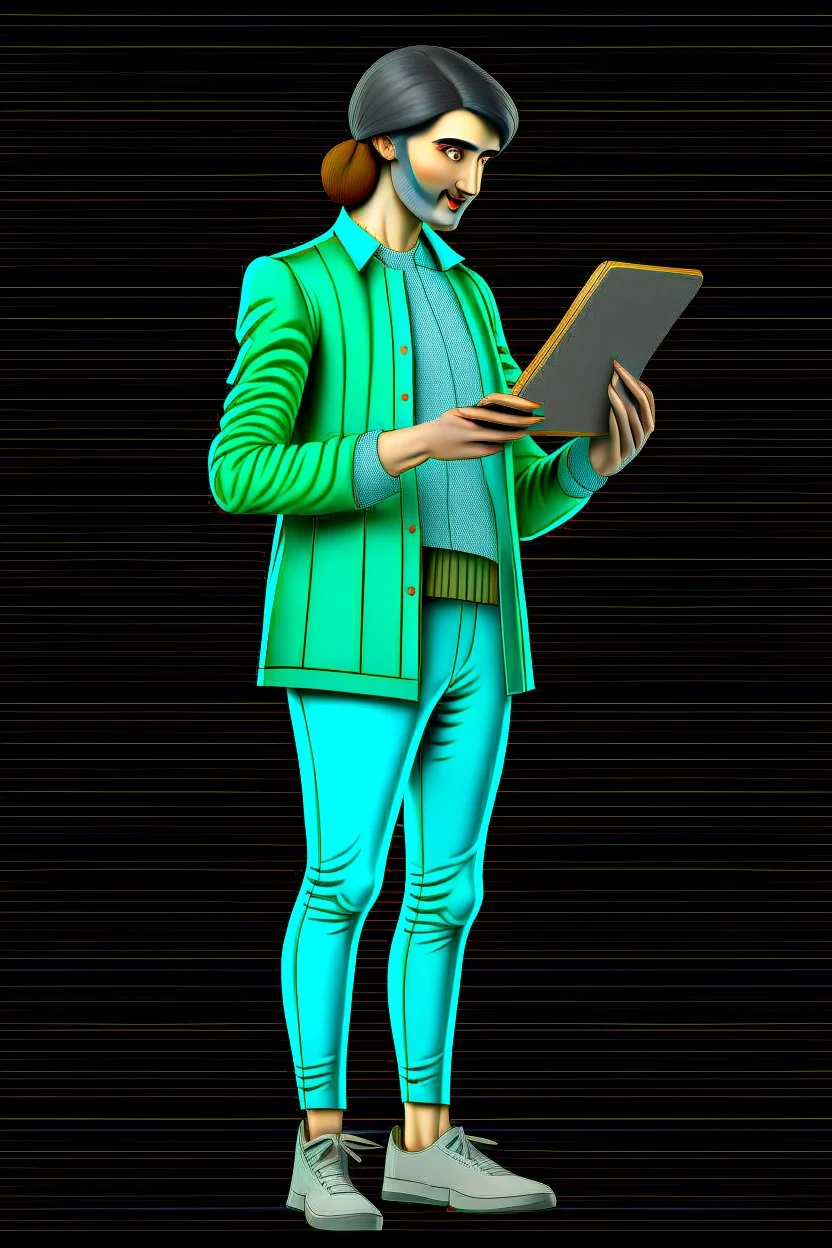 Modern guy, 20s, holding ipad, hand lower, looks like a renaissance painting, facing forward, full body, persian green, right hand pointing down.