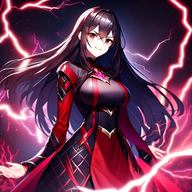 girl, masterpiece, best quality, volumetric lighting, detailed outfit, perfect eyes, black long hair, vibrant red eyes, girl, lightning magic, angry, smile