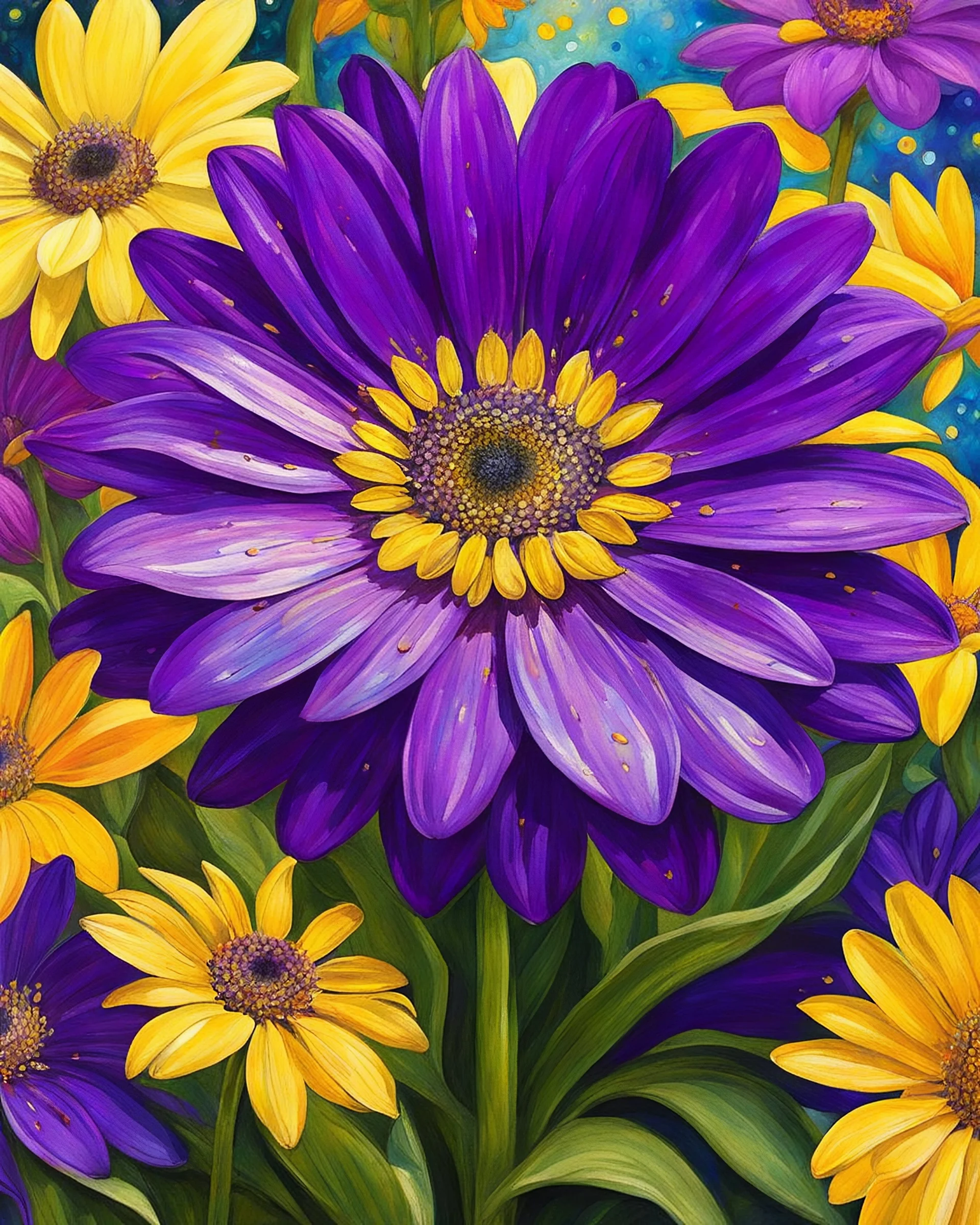 ideal image optimization, the best lush Osteospermum result, Create stunning summer flowers art combining Gustav Klimt's intricate style with Pierre-Auguste Renoir's vibrant brushstrokes. Use alcohol ink splatter for dynamic elements. Aim for hyper-detailed super realism in 8K, with bright neon colors and gold accents, capturing a radiant summer day. Add an Art Nouveau aesthetic to enhance elegance and sophistication of this award-winning Masterpiece.