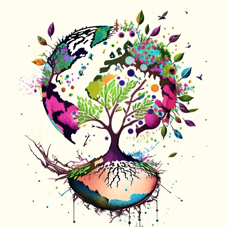 Create an illustration of a blossoming tree with roots firmly grounded in fertile soil, surrounded by symbols of creativity such as paint splatters, musical notes, and geometric patterns. Incorporate the image of a globe or Earth in the background, signifying the global impact of promoting creativity, authenticity, and environmental consciousness.