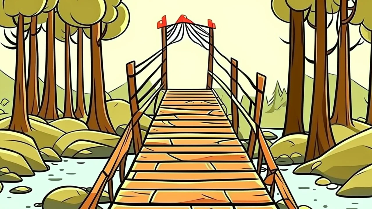 Cartoon style: t the end of the bridge, there is one tiny wooden house with red roof