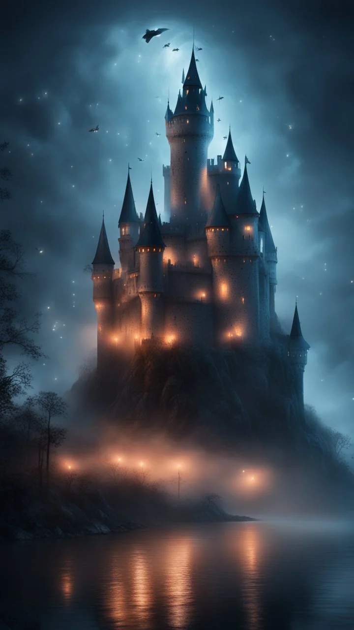 Hyper realistic huge haunted castle in a heavy foggy night with fireflies between an ocean