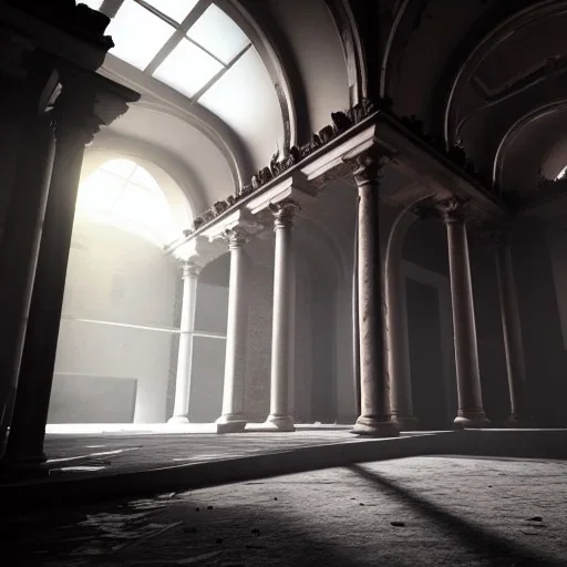 Abandoned baroque building, statues falling, atmospheric, realistic, unreal engine, cinematic lighting, octane render.