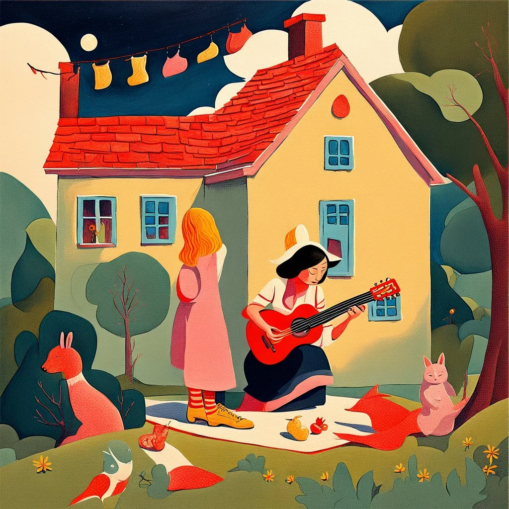 a painting of a house with a woman playing a guitar, a storybook illustration by Endre Bálint, behance contest winner, magic realism, storybook illustration, whimsical, detailed painting