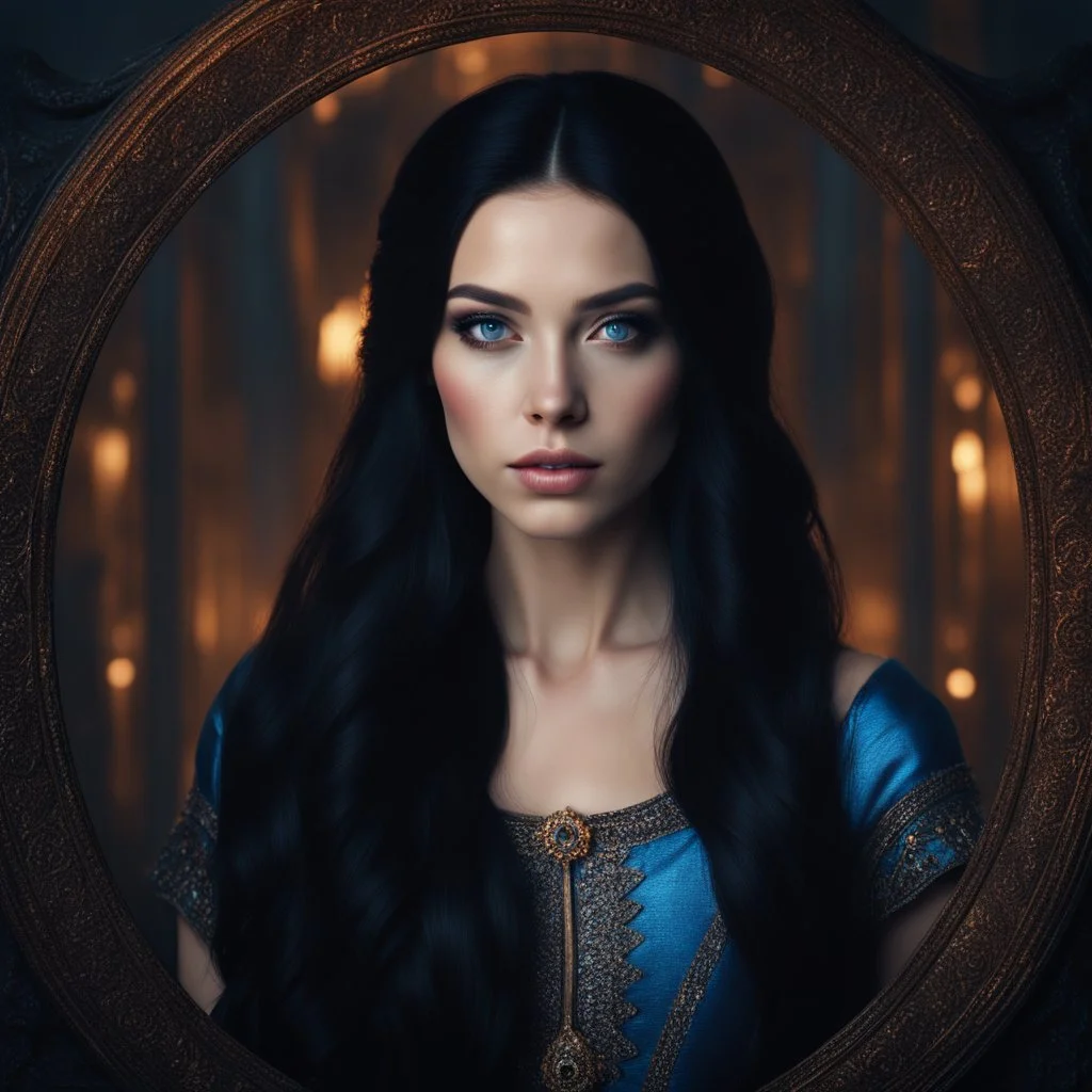 portrait of an very pretty 19 year old woman with long black hair and sapphire blue eyes. Photorealistic. dark fantasy. 8k