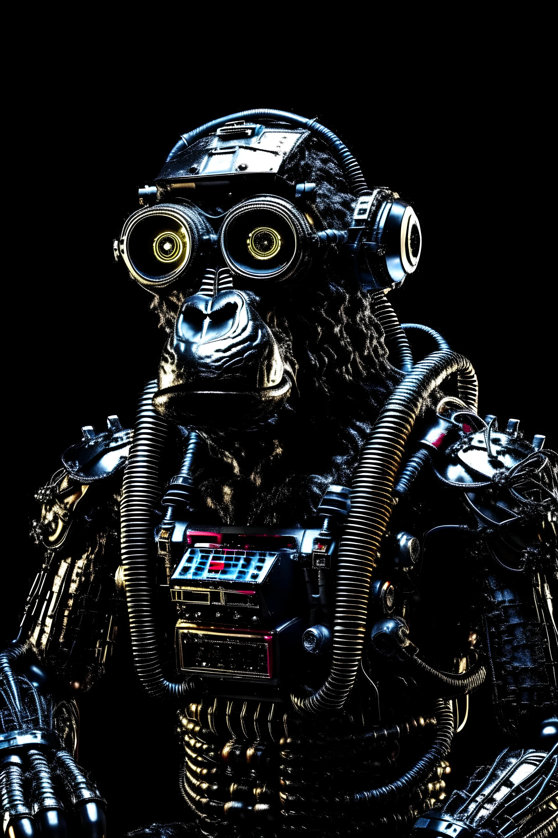 realistic cyberpunk style geometric robot gorilla wearing rectangular goggles and a high tech cybersuit with various wires lights and doodads made of reflective black plastic rusted metal and discarded electronic parts looking up into the sky in harsh high contrast lighting from the top